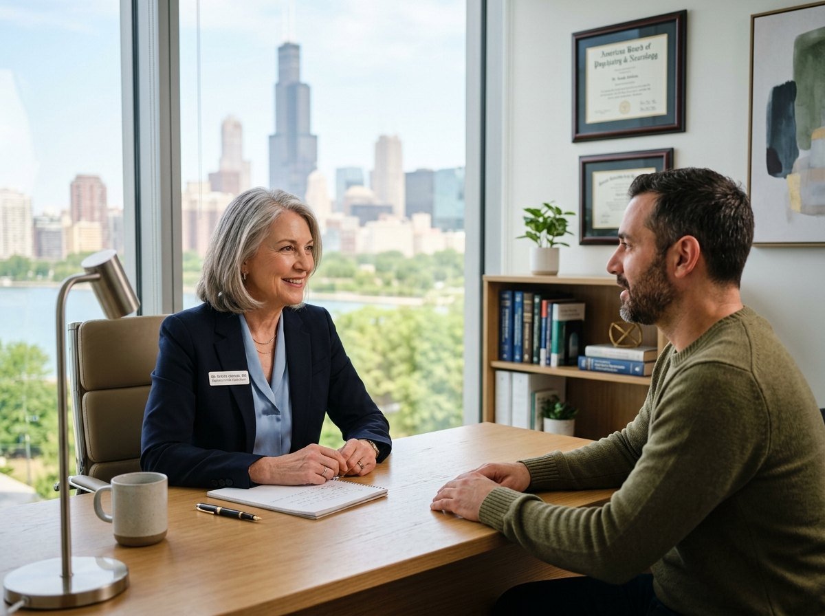 A clinician talking with a patient across a desk