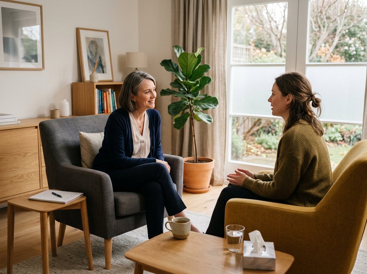 A clinician and a patient talking in a calm consultation room