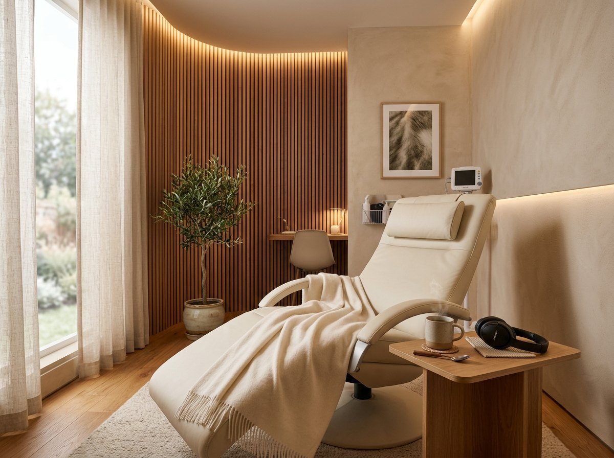 A reclining treatment chair in a quiet room